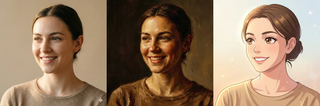 AI трансформация фото: оригинал, масляная живопись, аниме